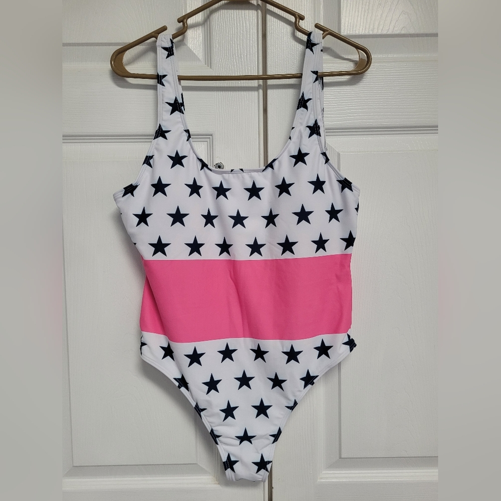 Blue Star Pattern One-Piece Swimsuit with Pink Stripe